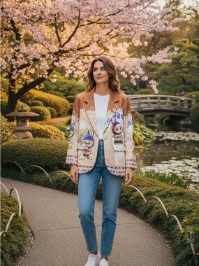 New with tag Embroidered Graphic Tan & Beige Blazer Jacket Labubu made in italy